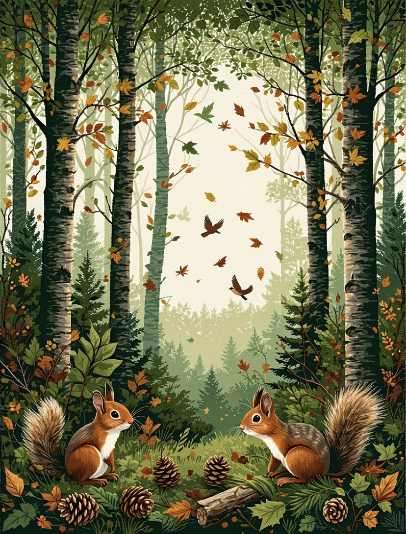 Forest Scene With Squirrels Bird Design Rug