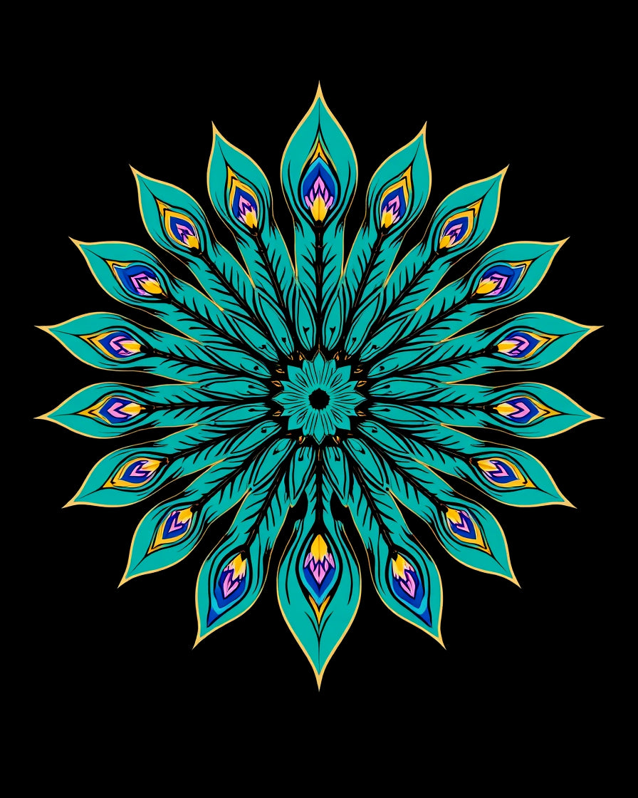 Vibrant Teal Peacock Feather Mandala Rug