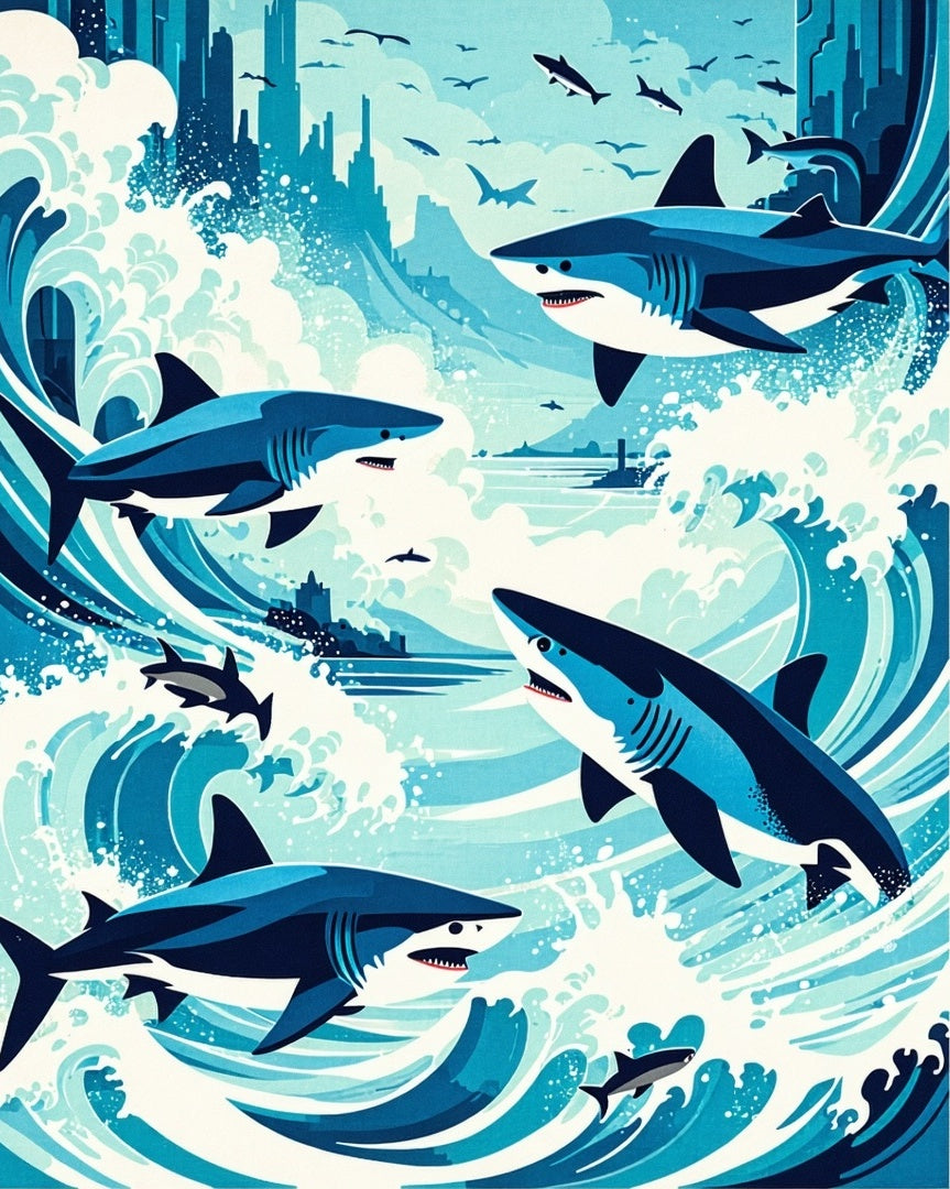 Ocean Sharks In Urban Waves Rug