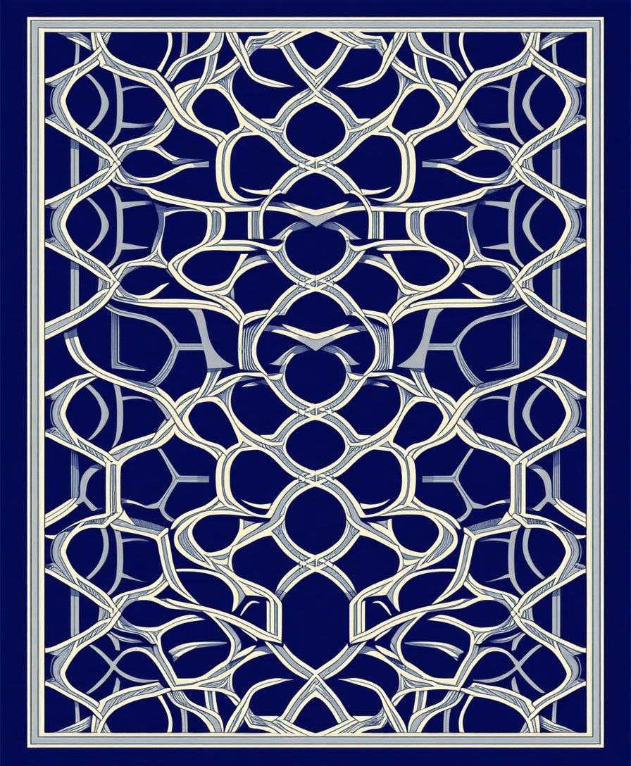 Intricate Blue And Cream Interlocking Pattern Rug