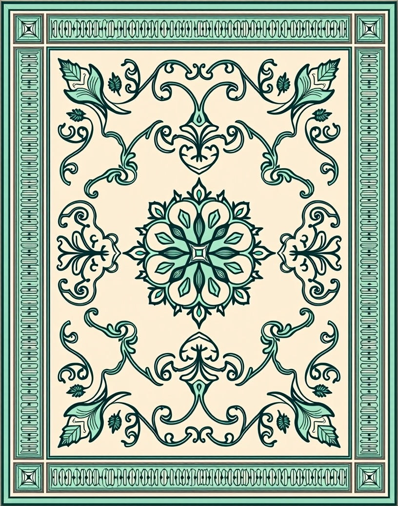 Cream And Teal Floral Medallion Rug