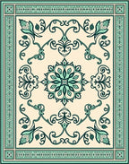 Cream And Teal Floral Medallion Rug