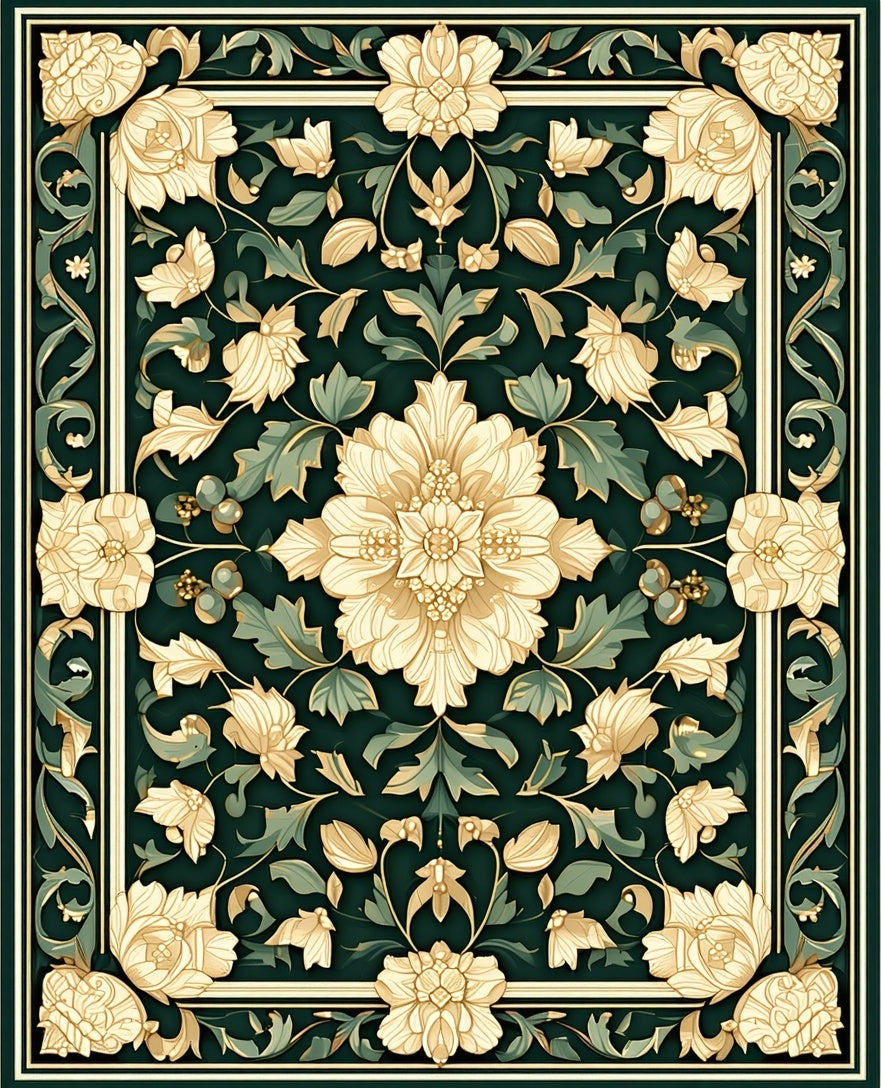 Cream Emerald Floral Frame Rug