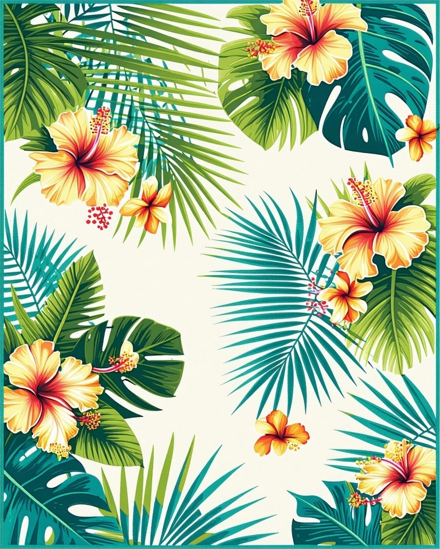 Vibrant Tropical Hibiscus Leaf Pattern Rug
