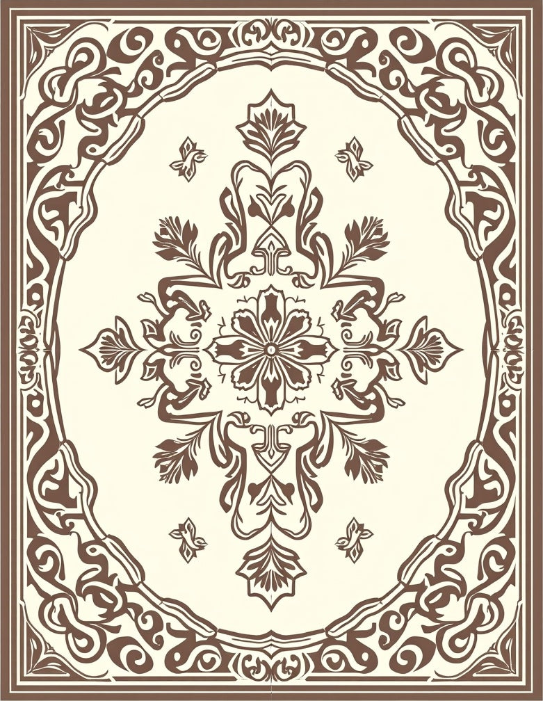 Ornate Floral Scrollwork Brown Cream Rug