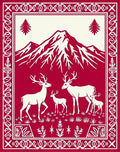 Crimson Deer Family Mountain Scene Rug