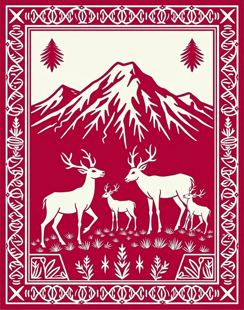 Crimson Deer Family Mountain Scene Rug