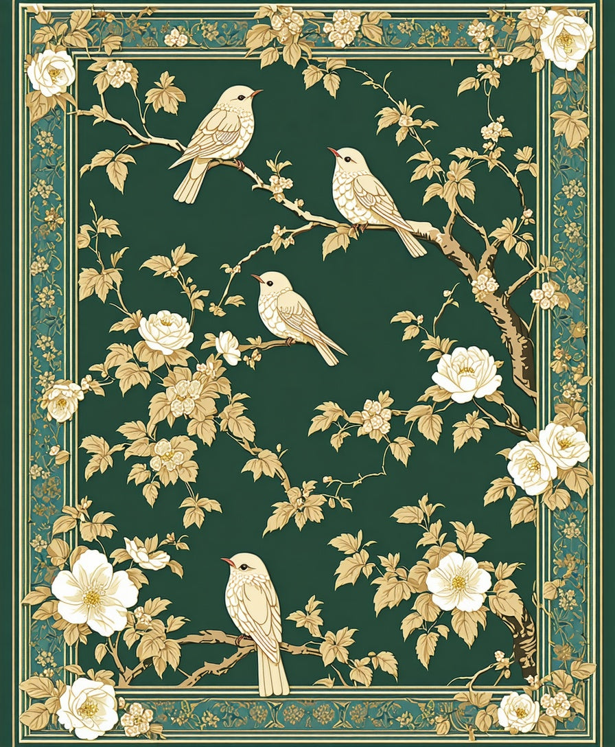 Emerald Bird Floral Garden Pattern Rug