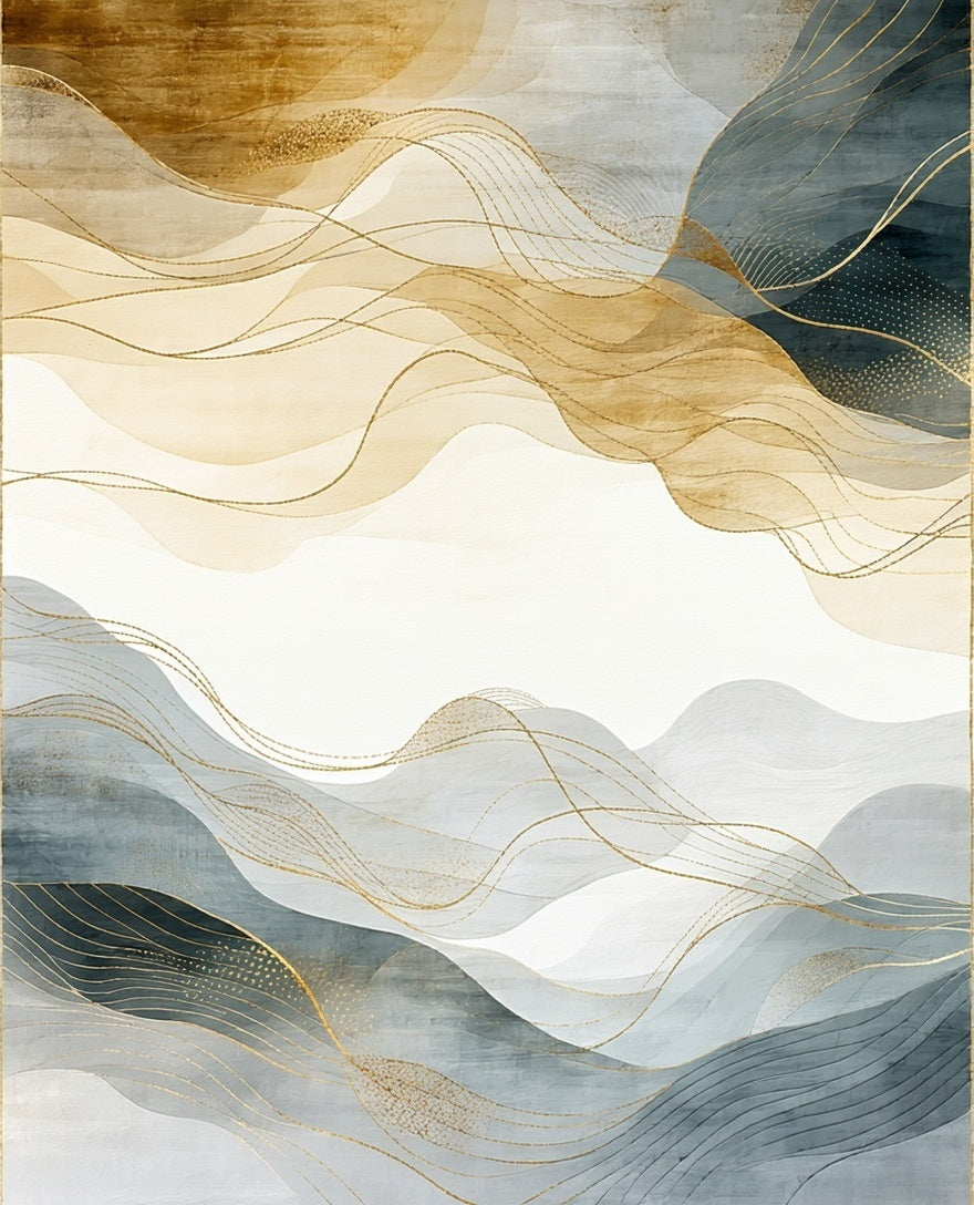 Abstract Gold Navy Wavy Pattern Rug