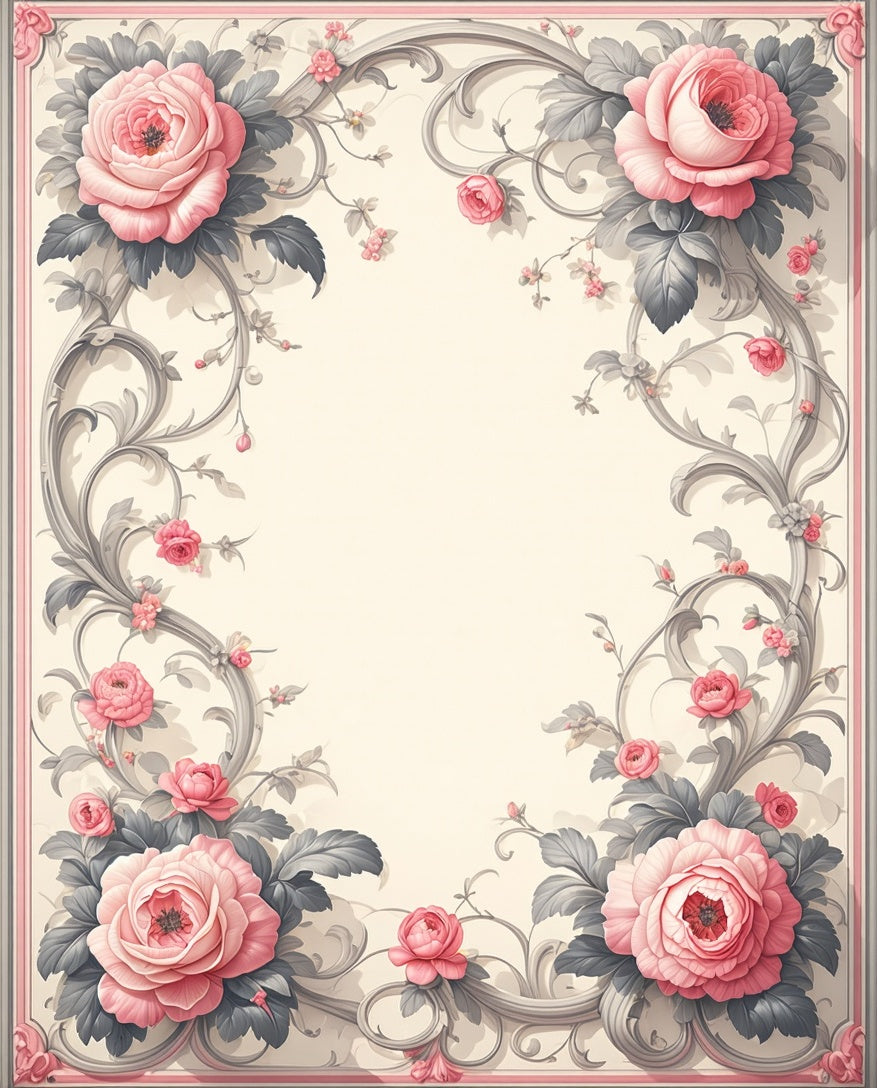 Elegant Pink Roses Floral Swirls Rug