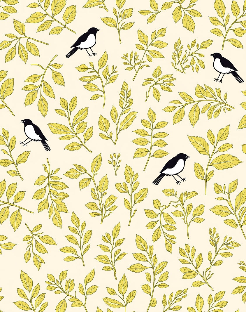 Whimsical Black Bird Yellow Leaf Pattern Rug