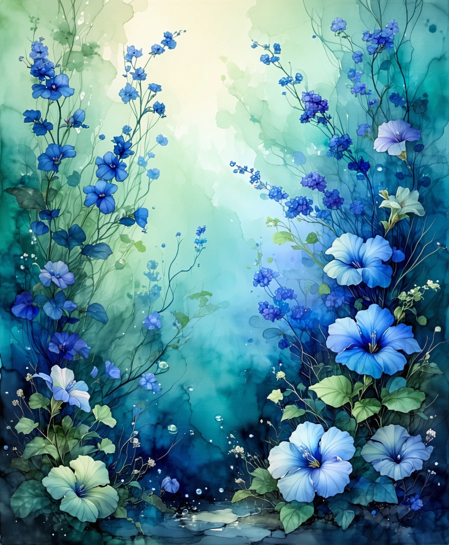 Lush Blue Floral Watercolor Style Rug