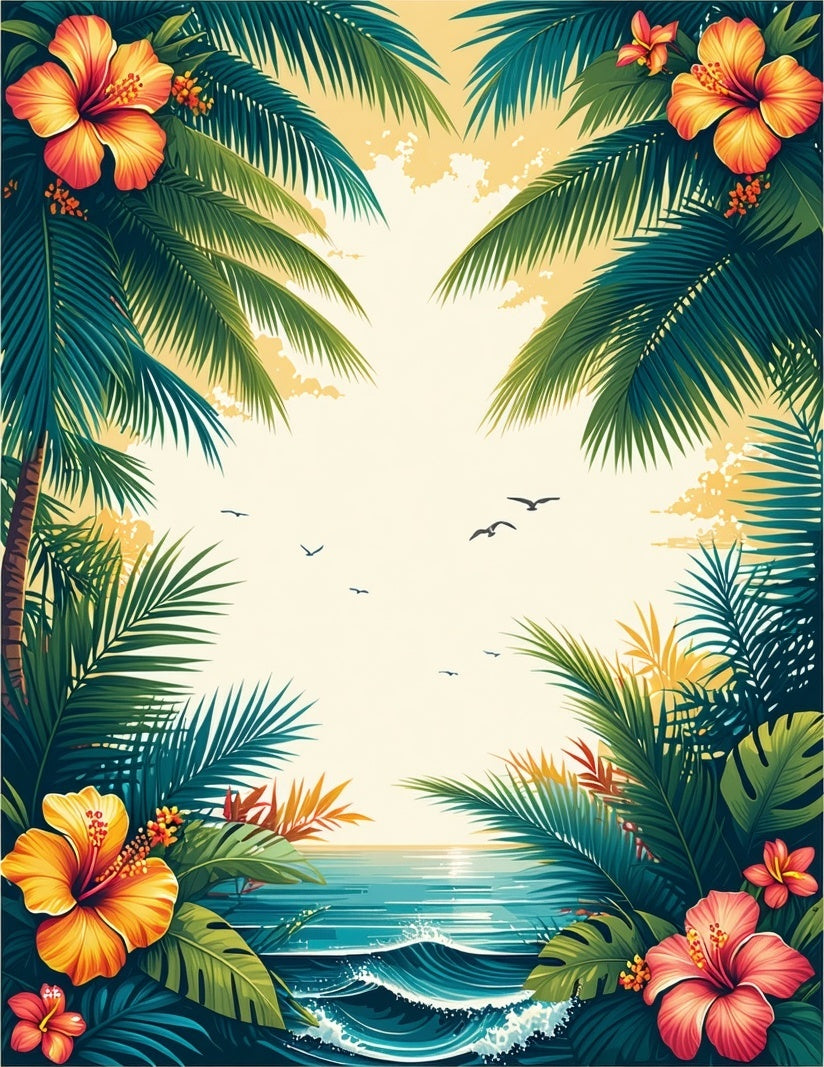 Tropical Hibiscus Palm Leaves Ocean View Rug