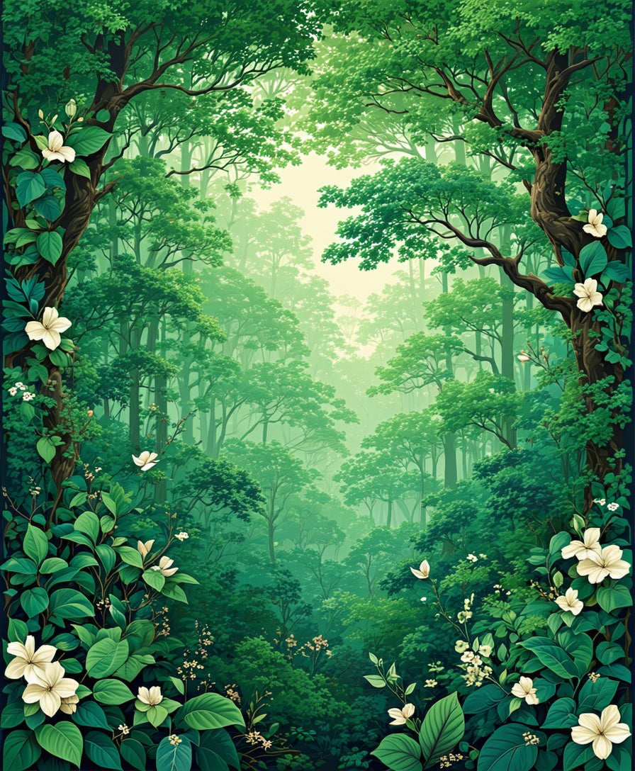 Vivid Green Forest With White Flowers Rug