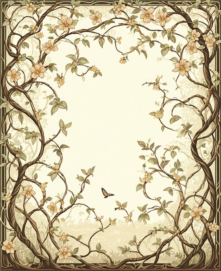 Vintage Floral Vines Butterfly Border Rug
