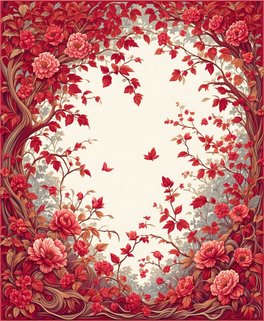 Red Floral Tree Branches Pattern Rug