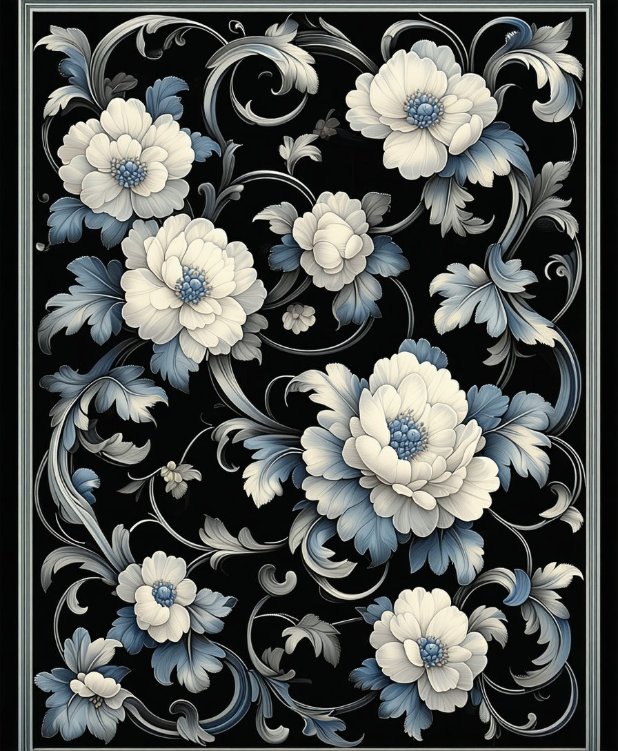 Classic Cream Blue Floral Scroll Design Rug