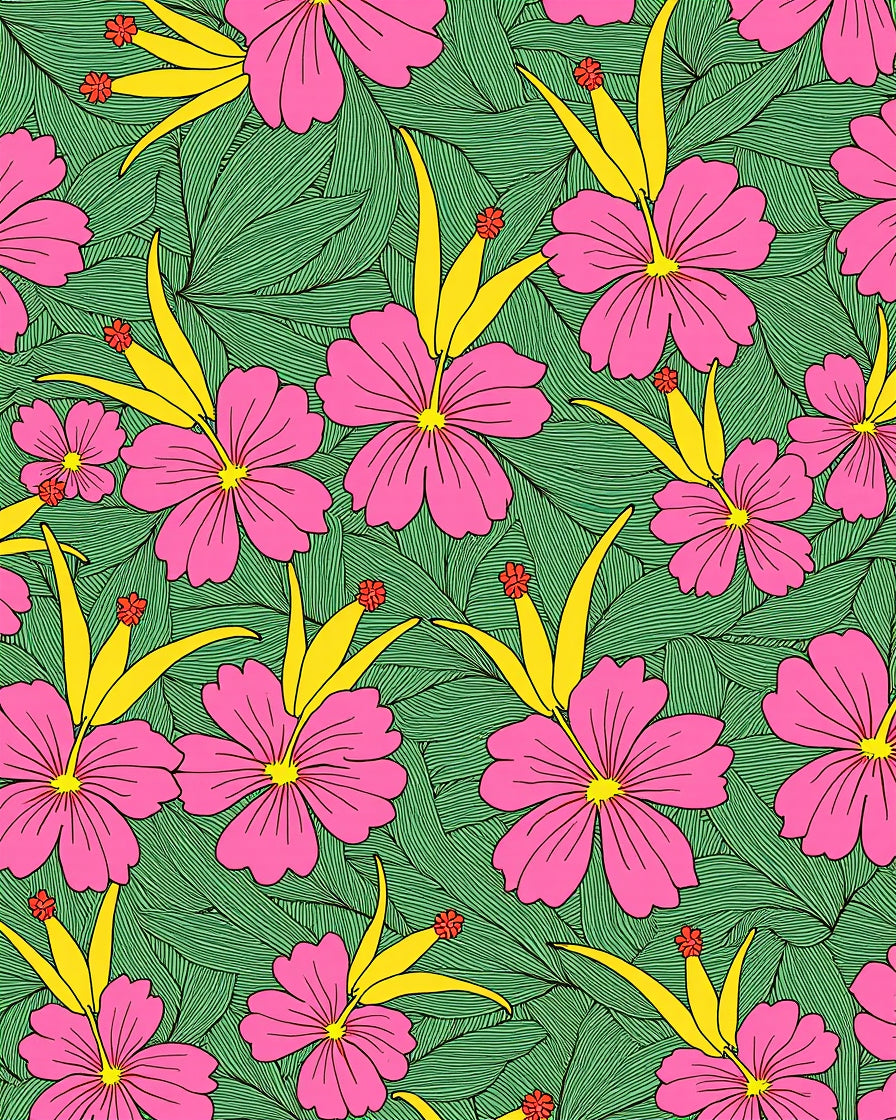 Pink Yellow Floral Patterned Tropical Rug