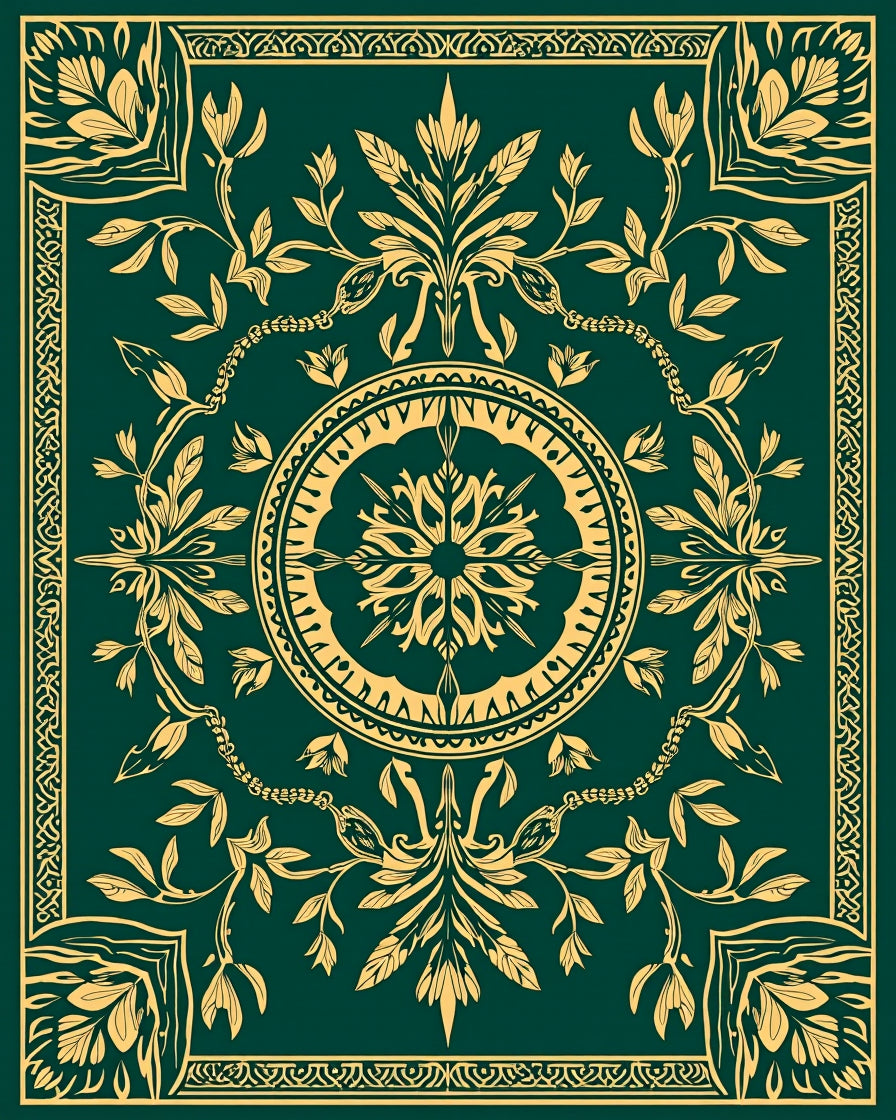 Emerald Green Golden Floral Mandala Design Rug