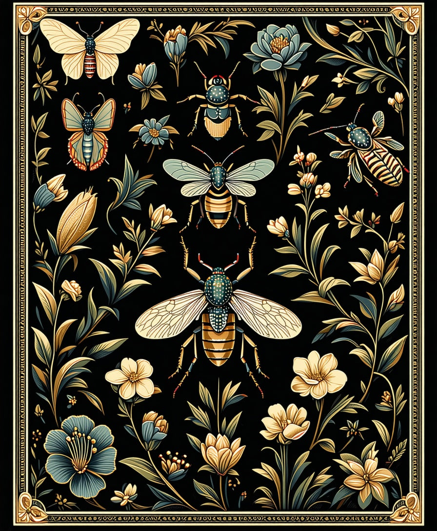 Ornate Insect and Floral Garden Design Rug