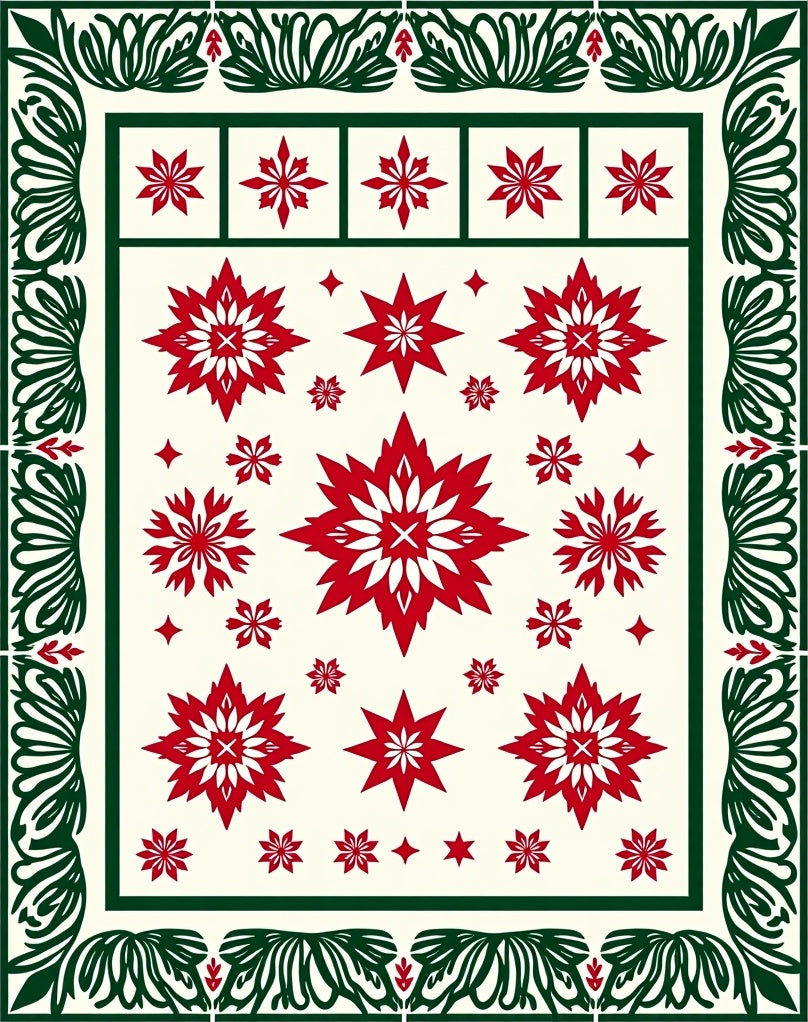 Red White Starburst Floral Border Rug