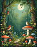 Enchanted Forest Path with Mushrooms and Birds Rug