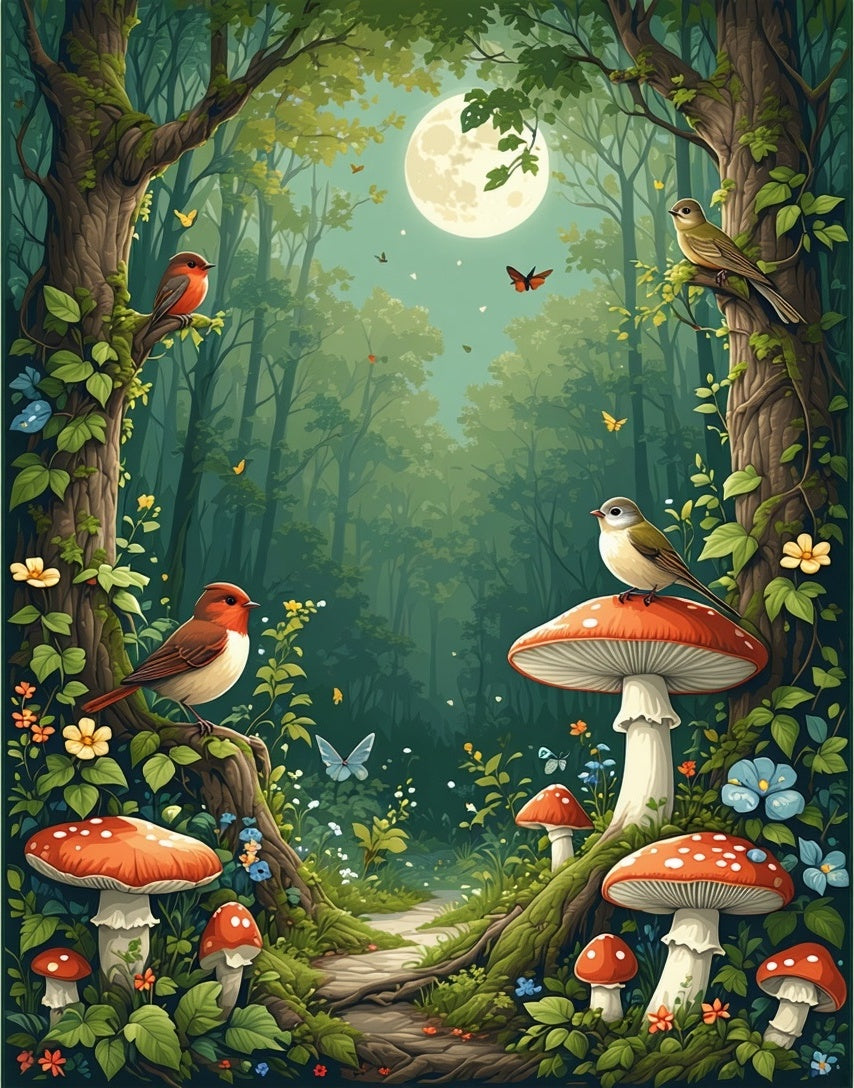 Enchanted Forest Path with Mushrooms and Birds Rug