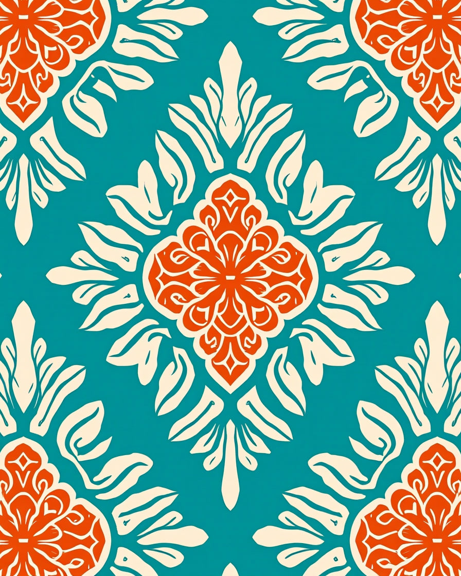 Teal Orange Floral Medallion Pattern Rug