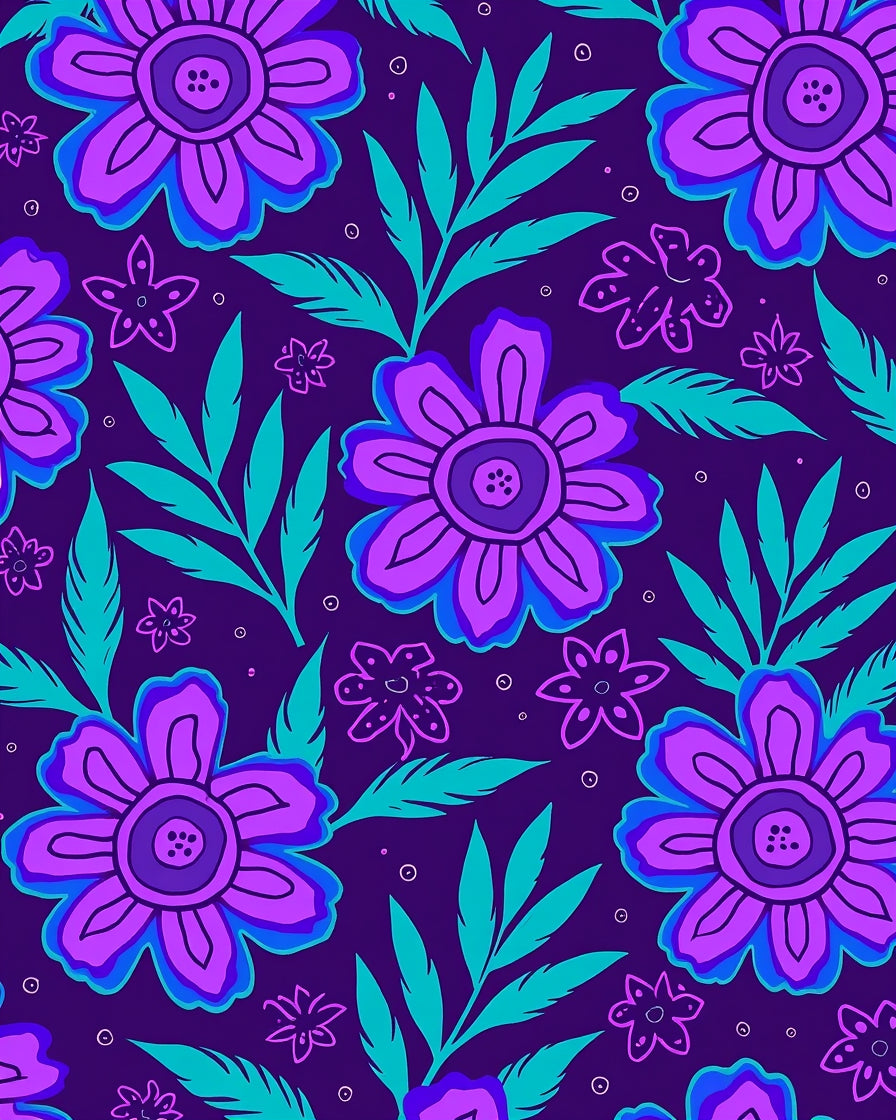 Purple Teal Floral Whimsical Pattern Rug