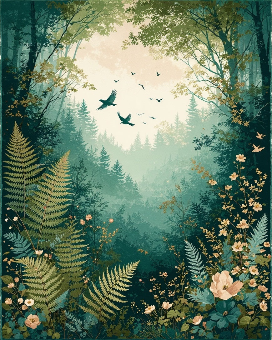 Mystical Forest Scene with Birds and Ferns Rug