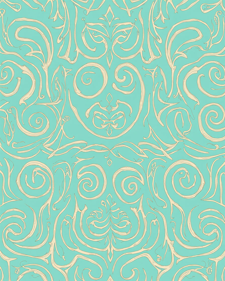 Aqua Beige Ornamental Swirl Pattern Rug