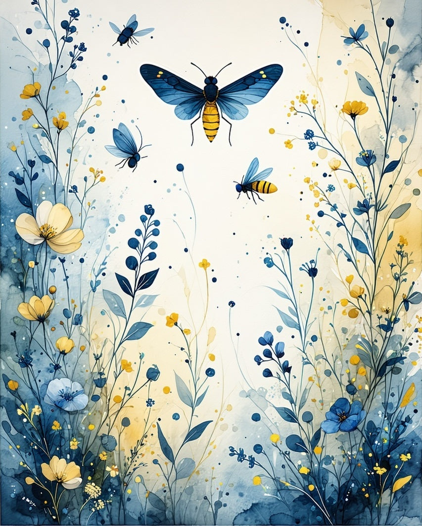 Blue And Yellow Floral Insect Design Rug