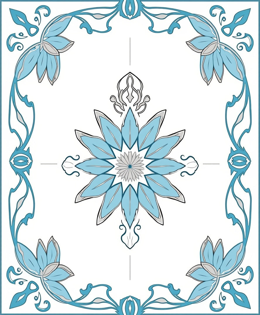 Elegant Cyan Floral Frame Rug