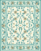 Cream Teal Floral Vine Pattern Rug