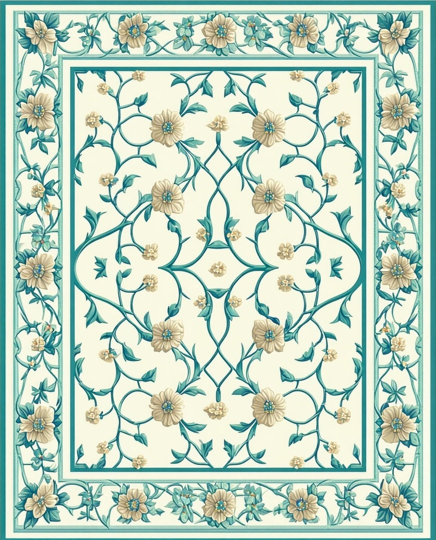 Cream Teal Floral Vine Pattern Rug