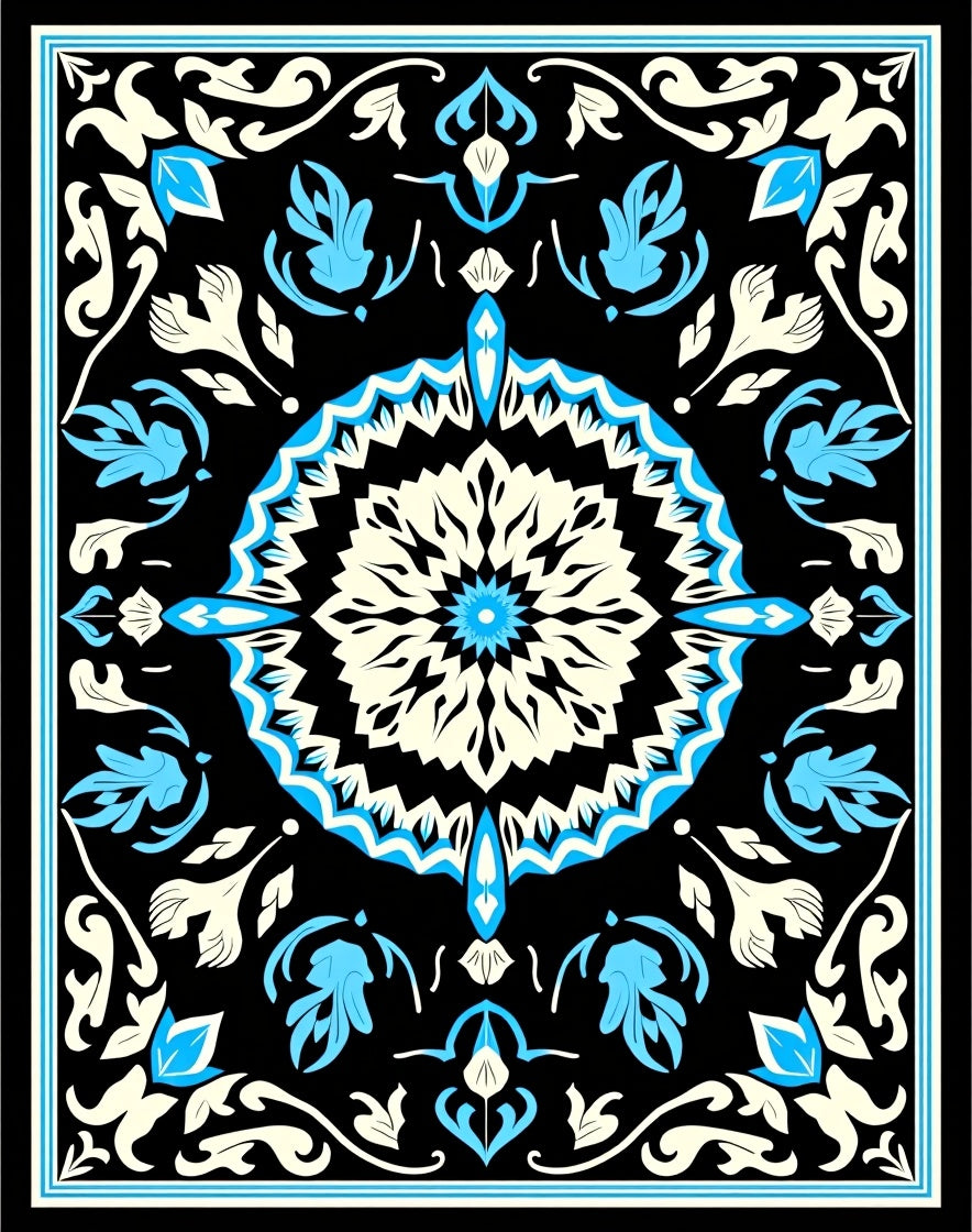 Black Cream Aqua Floral Mandala Pattern Rug