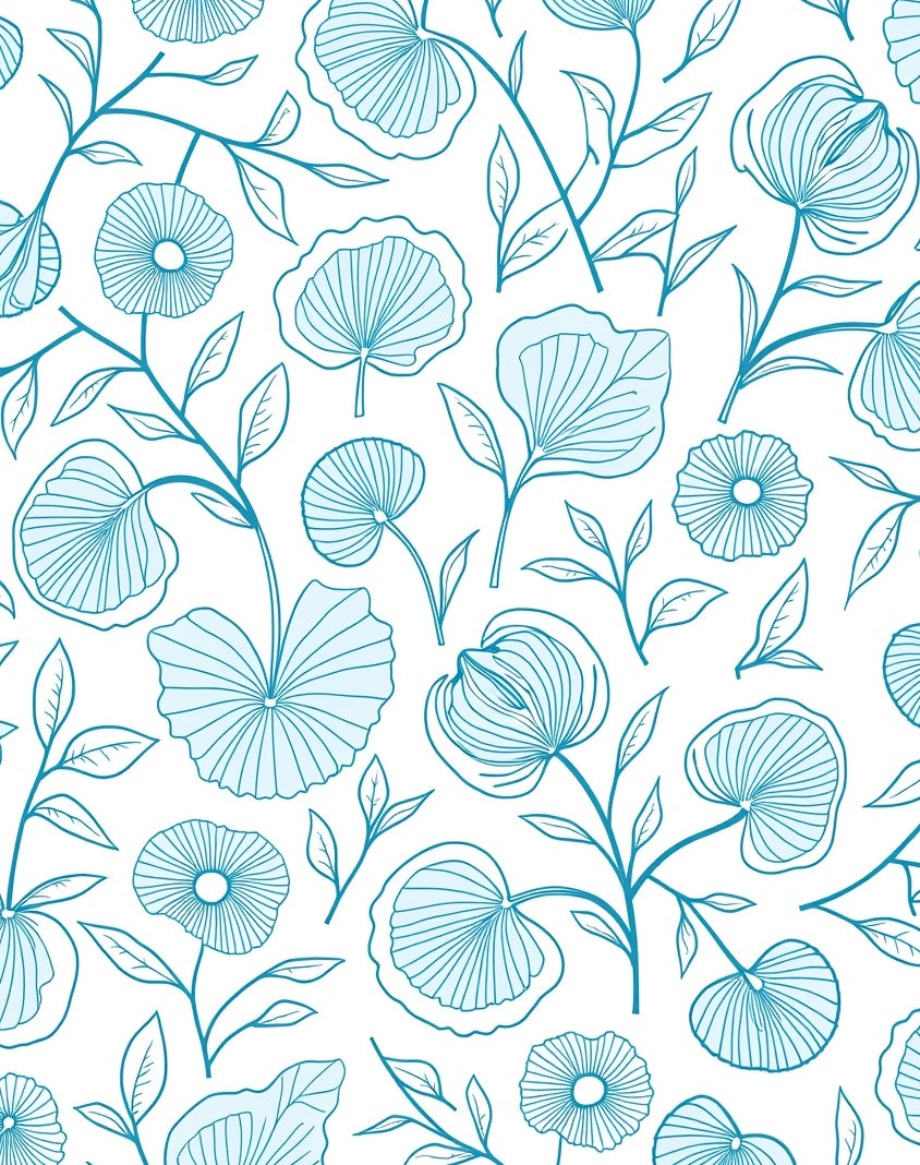 Delicate Teal Floral Outline Pattern Rug