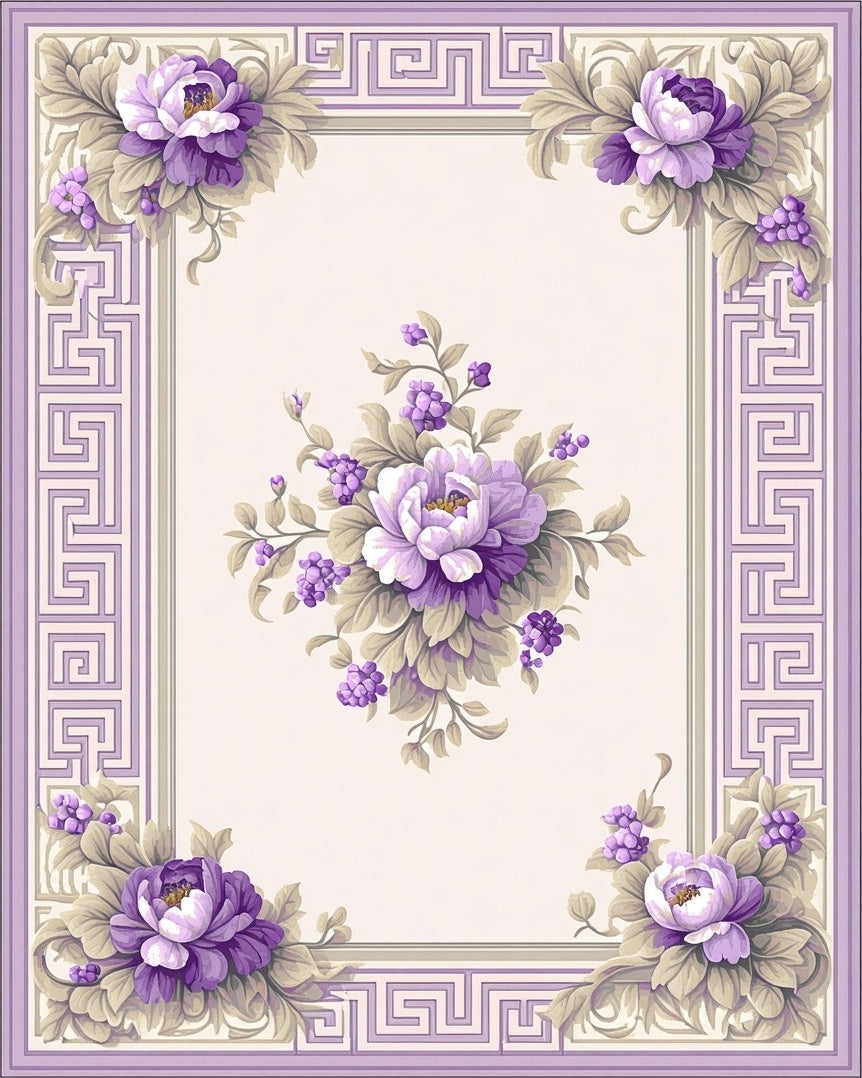 Elegant Lavender Floral Greek Key Rug