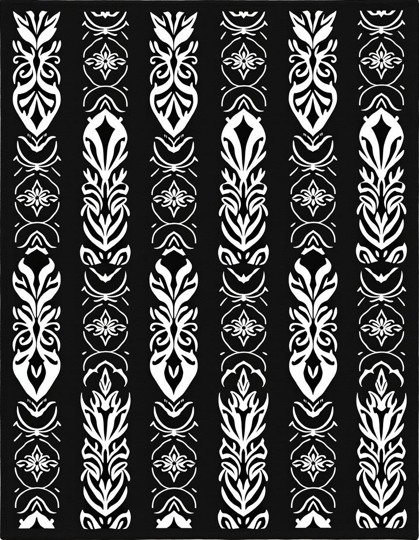 Elegant Black White Floral Stripes Rug