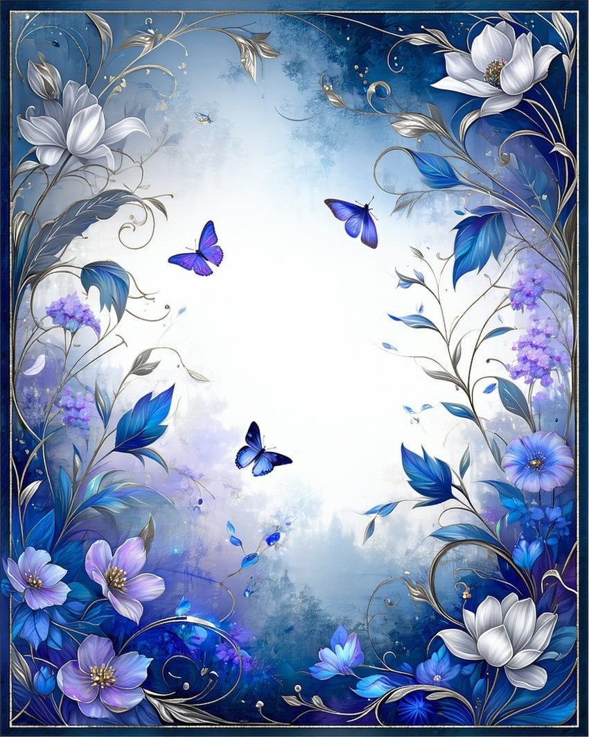 Enchanting Blue Floral Butterfly Border Rug