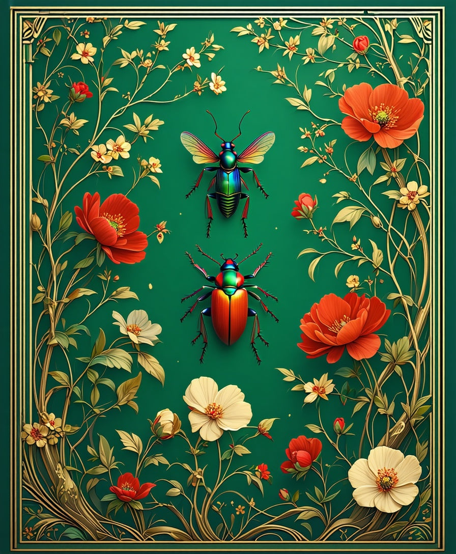 Emerald Garden Beetle Floral Tapestry Rug