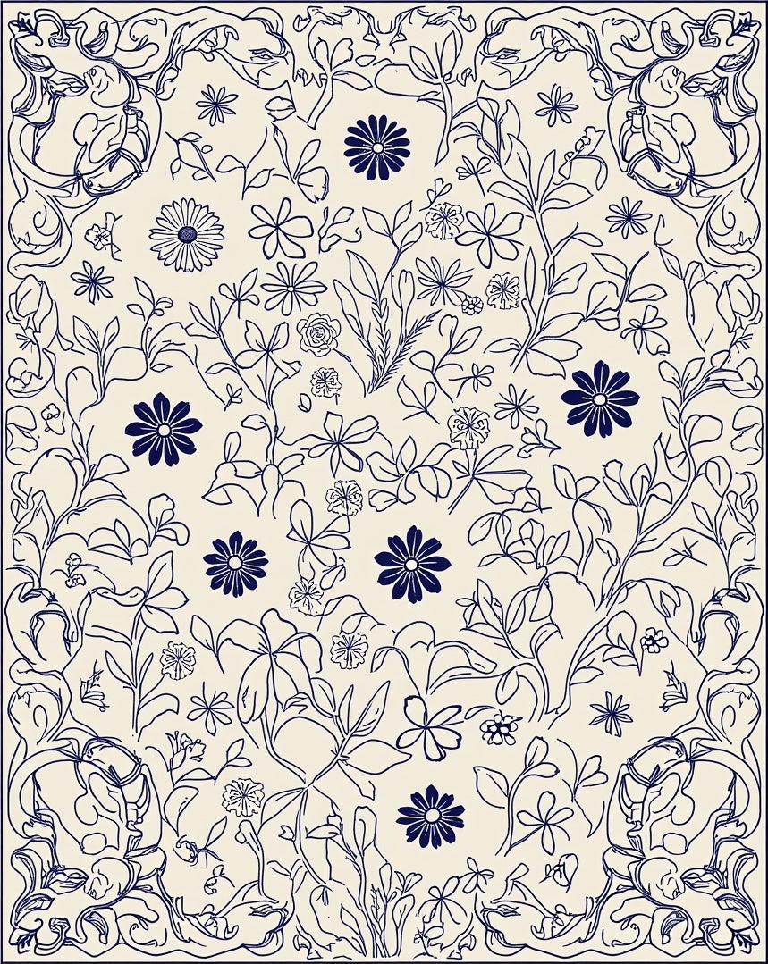 Navy Floral Vine Line Art Rug