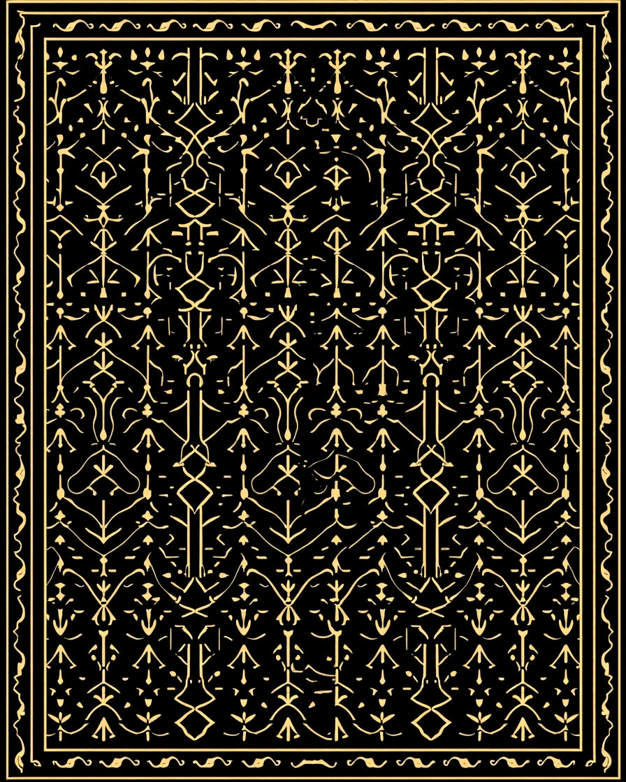 Ornate Black and Gold Geometric Pattern Rug