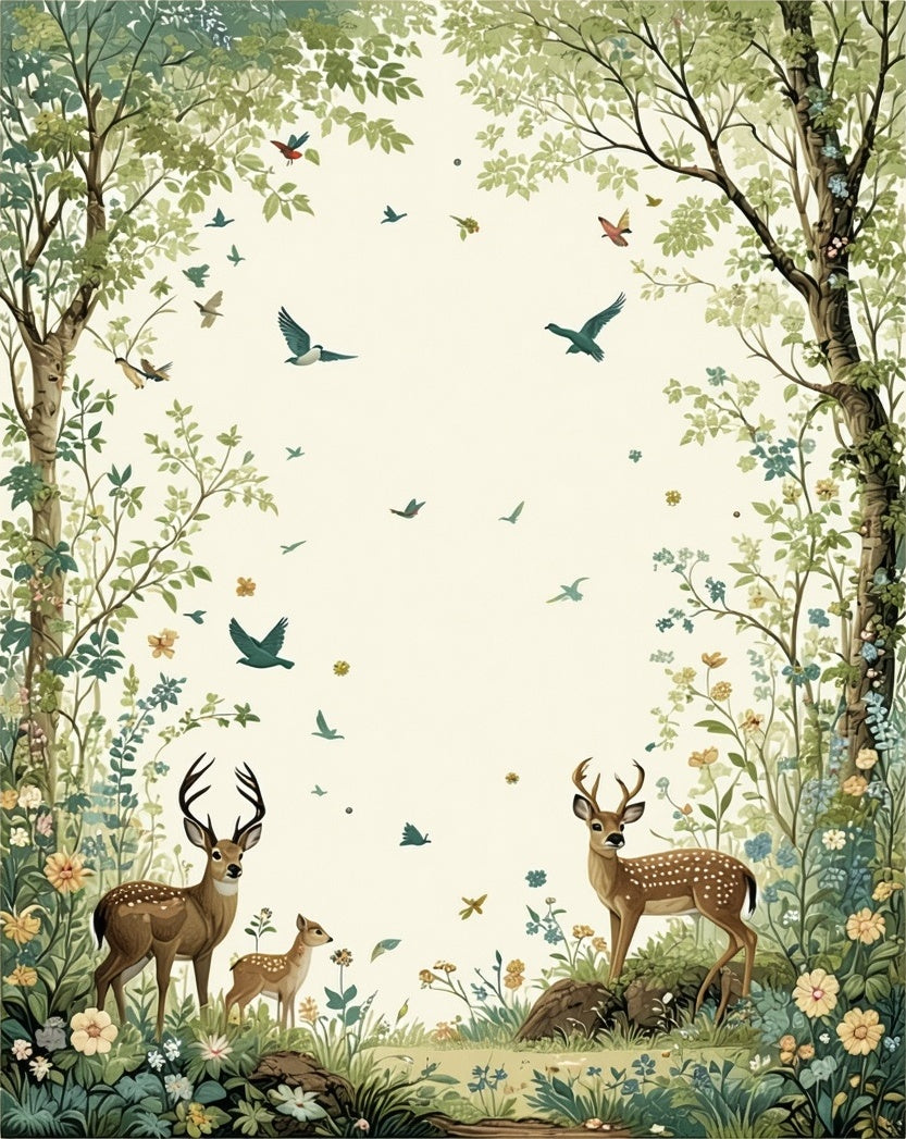 Whimsical Woodland Scene With Deer And Birds Rug