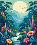 Lush Tropical Riverbed Floral Landscape Design Rug