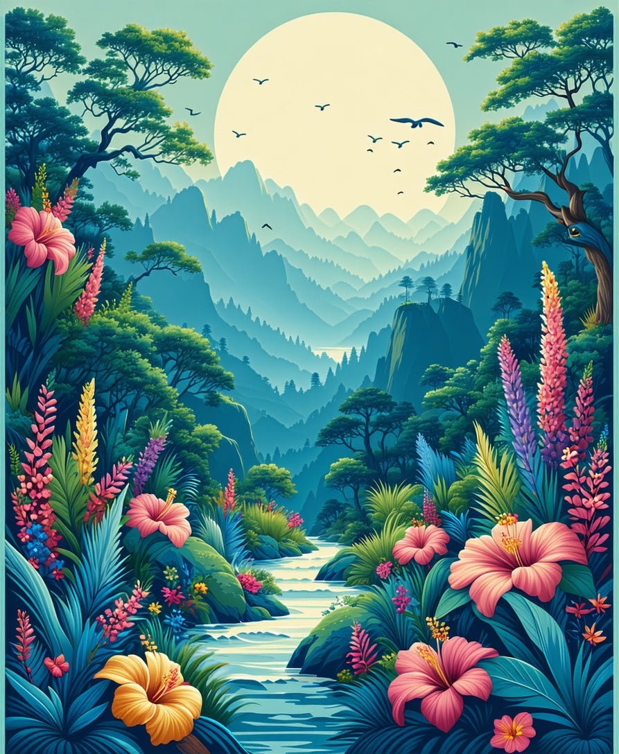Lush Tropical Riverbed Floral Landscape Design Rug