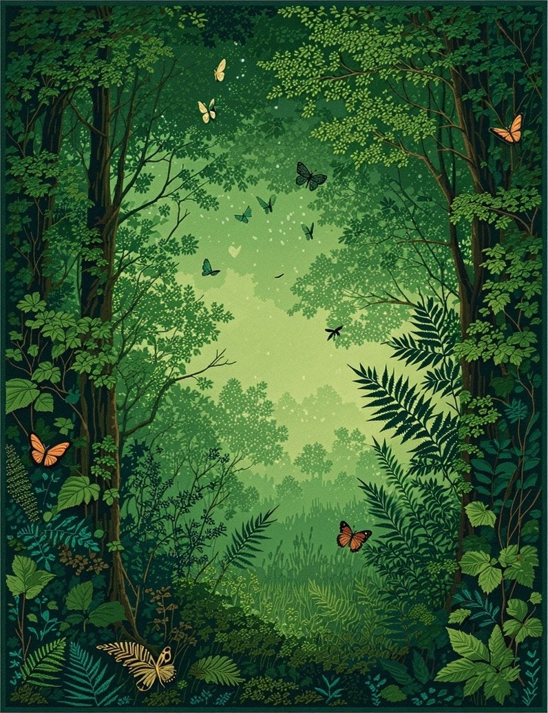 Enchanted Emerald Forest Butterfly Scene Rug