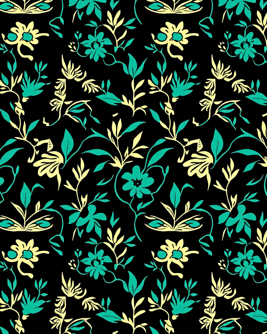 Yellow and Teal Floral Vine Pattern Rug