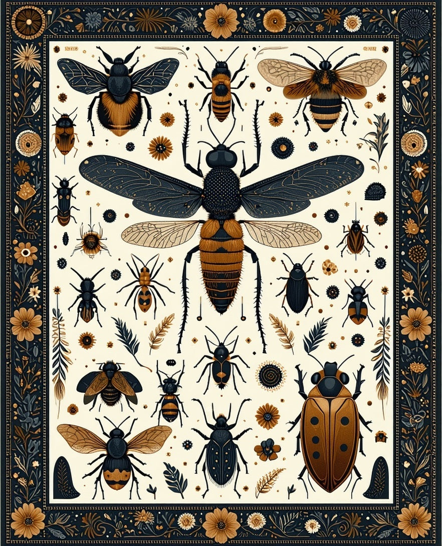 Vintage Insect Floral Detailed Pattern Rug