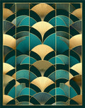Art Deco Fan Patterned Teal Gold Rug